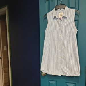 Blue and White Striped Sleeveless cotton striped Shirt - L